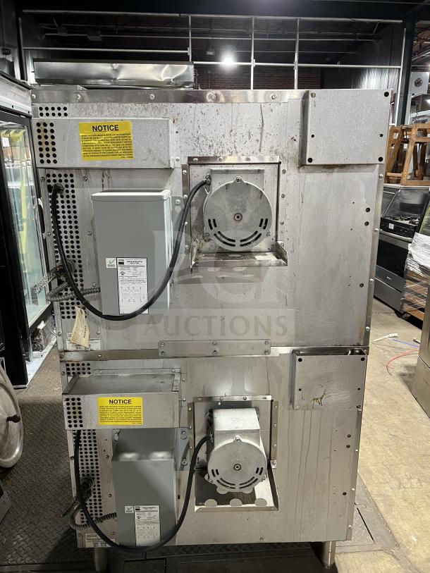 Southbend SilverStar SL-Series stainless steel double stacked convection oven, model SLES/20SC, on legs, Energy Star certified.