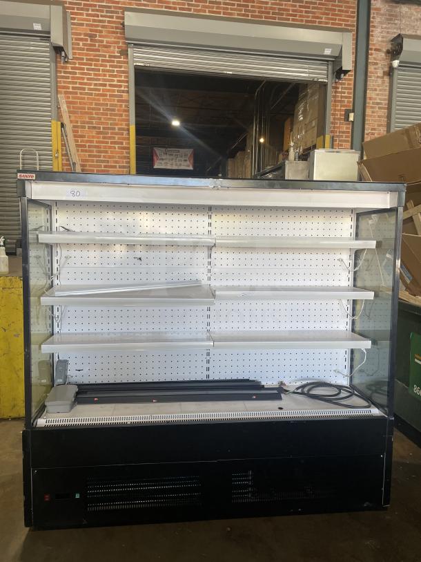 Sanye black multi-tier refrigerated open merchandiser display case, excellent condition, adjustable shelves, commercial use.