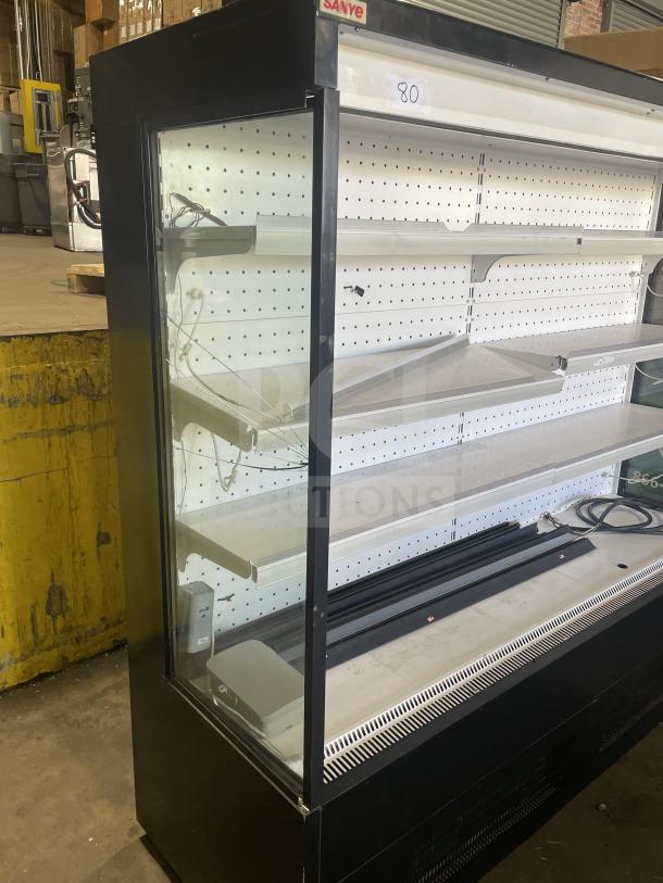 Sanye commercial black multi-tier open merchandiser display case, excellent condition, feature-rich for grab-n-go.