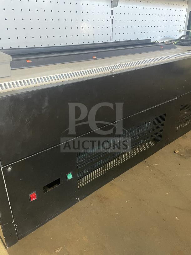 Sanye black multi-tier refrigerated open merchandiser display case, excellent condition, visible control panel and ventilation.