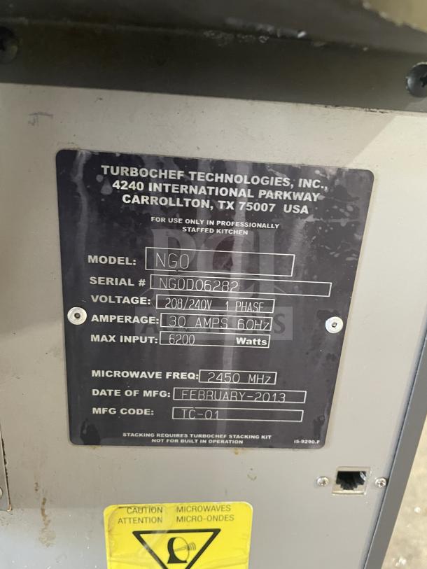TurboChef NGO commercial rapid cook oven, electric, digital controls, Model: NGO, SN: NGOD06282, 208/240V, 1 Phase.