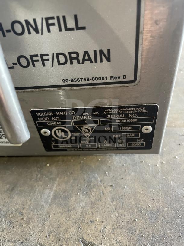 Vulcan C24EA3 stainless steel 3-pan convection steamer, electric, with built-in pan rack, serial 46-3016880, 208/240V.