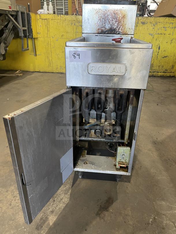Royal commercial stainless steel deep fat fryer, natural gas-powered, includes backsplash and one frying basket, on casters, open door.