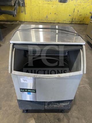 Ice O-Matic ICEU220HA3 commercial ice maker, on legs, 115V, 1 phase, visible brand label, stainless steel exterior.