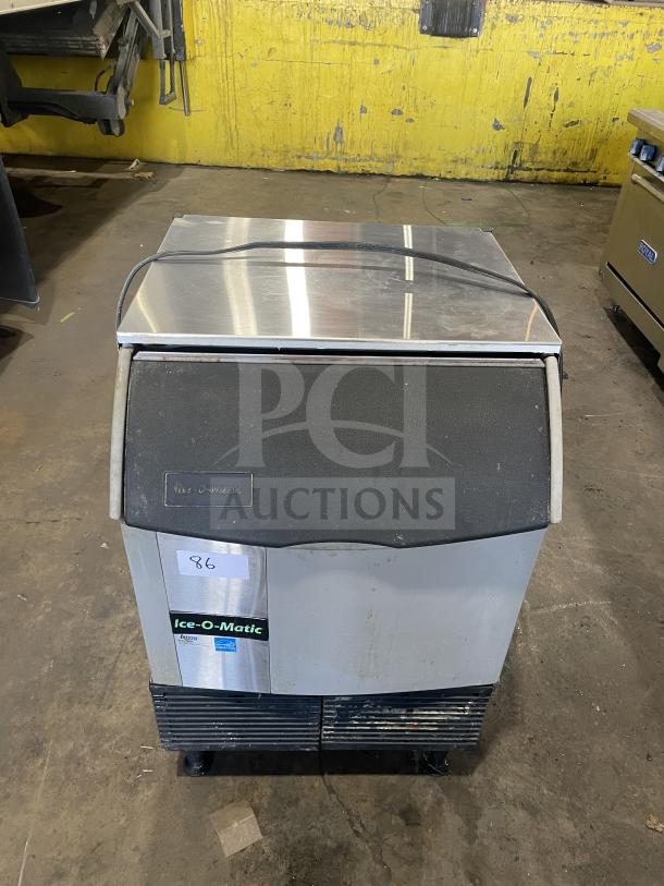 Commercial Ice-O-Matic ICEU220HA3 ice maker on legs, 115V, serial 16081280010645, steel body, visible brand labels, used condition.