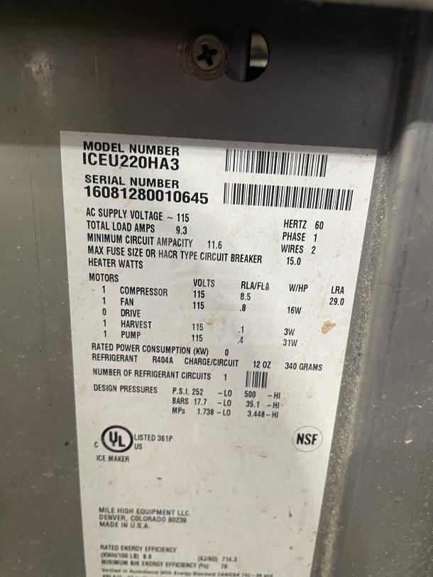 Ice O-Matic commercial ice maker, model ICEU220HA3, serial 16081280010645, 115V, 1 phase, UL listed, NSF certified label.