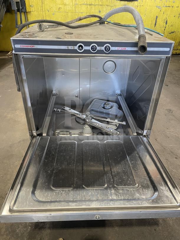Comenda commercial undercounter dishwasher, stainless steel, model LF 324M, SN: GS0018690315, open door view.