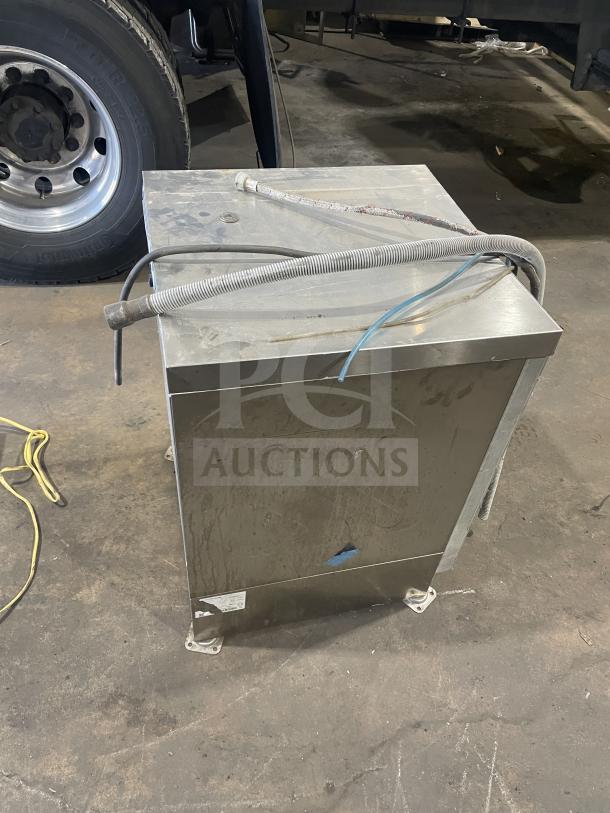 Comenda commercial series stainless steel undercounter dishwasher, SN: GS0018690315, with external hoses, sturdy condition.