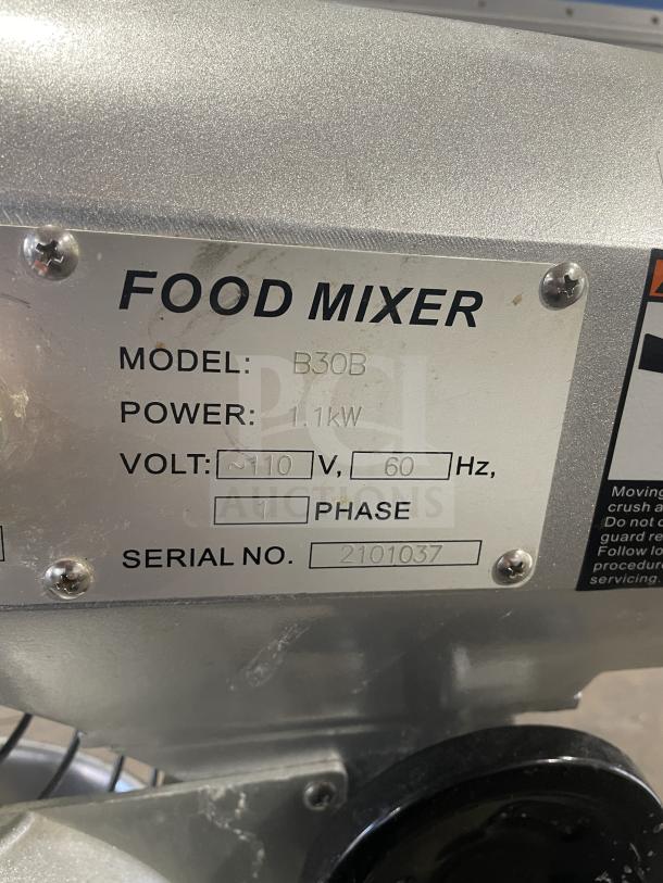 Commercial planetary mixer, model B30B, with stainless steel bowl. Features 1.1kW power, 110V, 1 phase. Serial number 2101037.