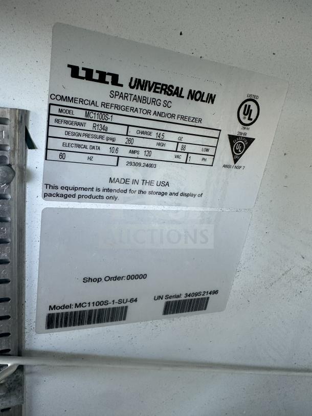 Universal Nolin commercial beverage cooler, model MC1100S-1-SU-64, 2 sliding glass doors, 120V, SN: 3409S21496.