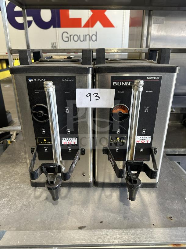 Bunn SH SERVER commercial stainless steel dual coffee server, model number TS00682244, "Contents are Hot" labels visible.