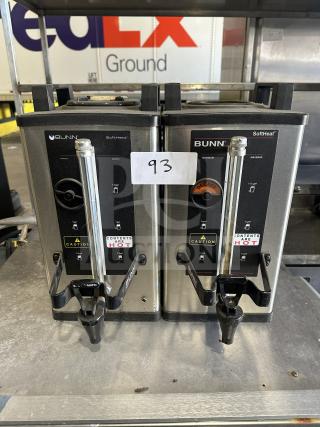 Bunn SH SERVER commercial stainless steel dual coffee server, model number TS00682244, "Contents are Hot" labels visible.