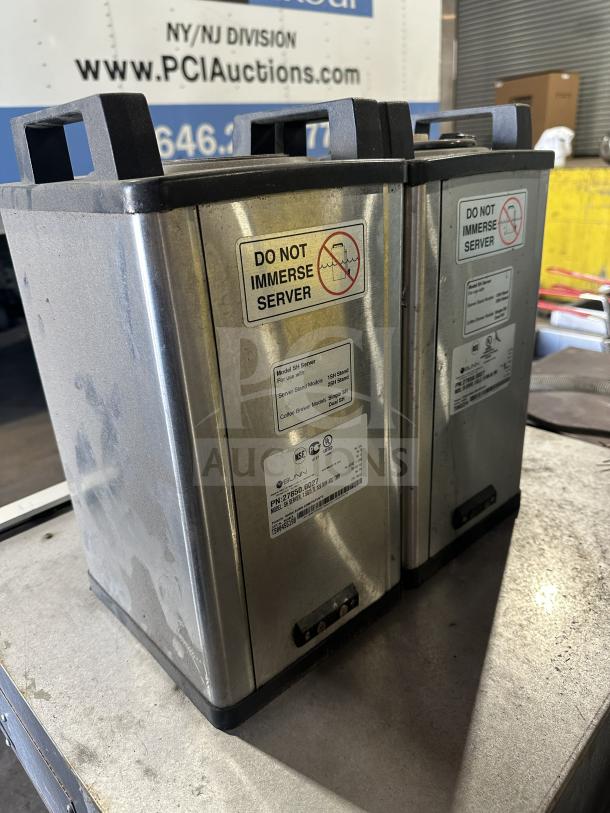 Bunn SH SERVER commercial stainless steel dual coffee server, model TS00682244, with "Do Not Immerse Server" label.