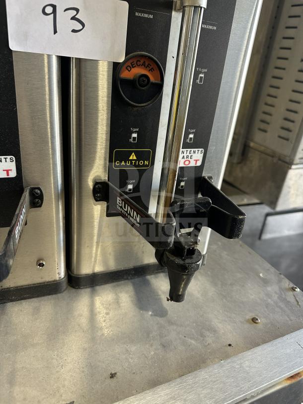 Bunn SH Server commercial stainless steel coffee server, model SH SERVER, with caution labels and decaf indicator.