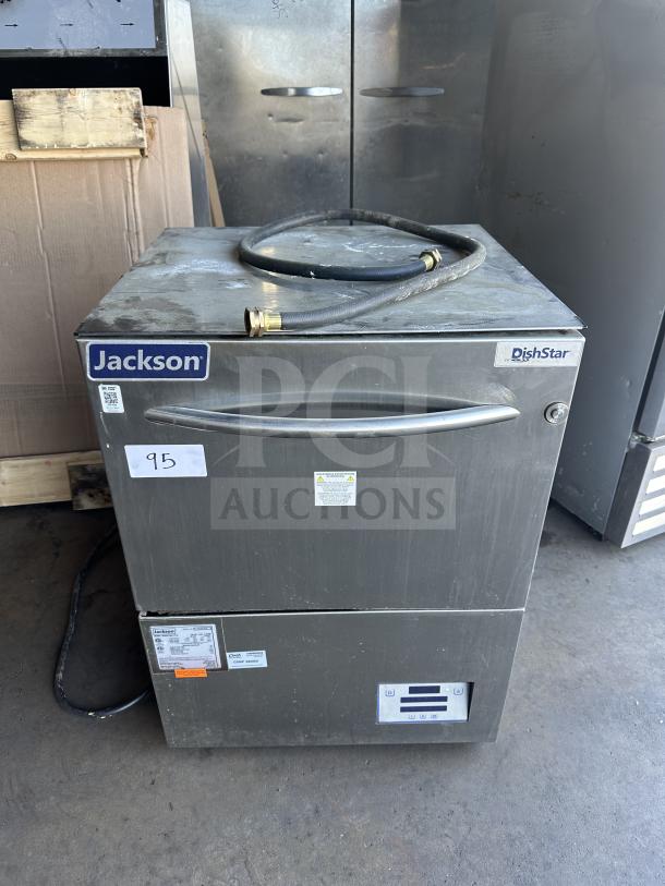 Jackson DishStar Series commercial dishwasher, Model DISHSTARHT-E, stainless steel, electric, undercounter, with peg rack.