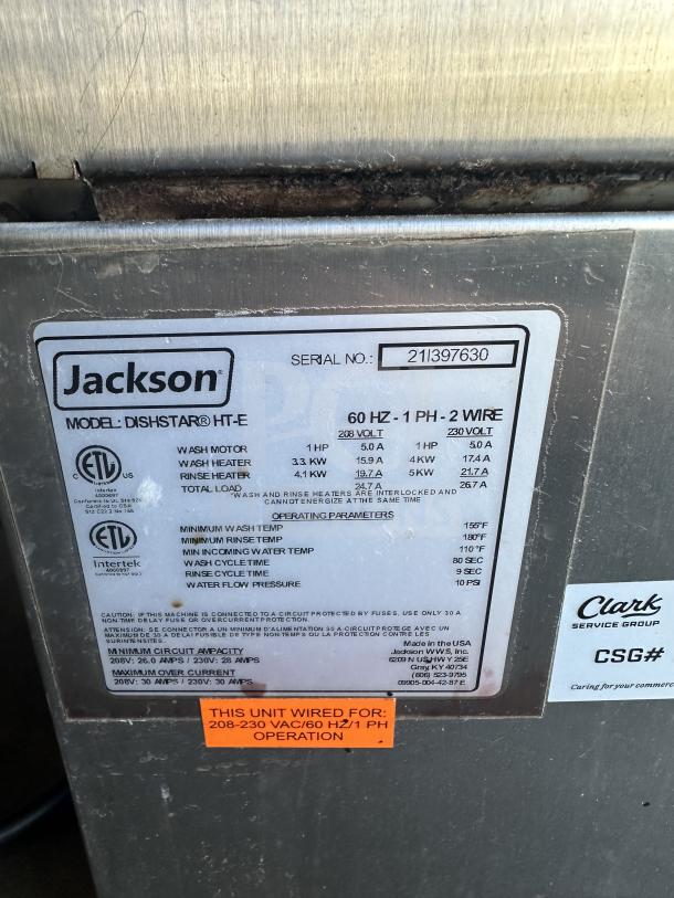 Jackson DishStarHT-E commercial dishwasher, stainless steel, electric, high-temp, with peg rack, serial 21l397630, 208-230V.
