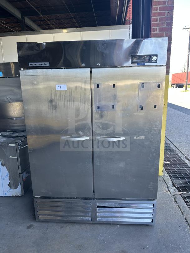 Beverage Air stainless steel commercial reach-in freezer, model KF48-1AS, 2 doors, electric powered, 115V, 1 phase.