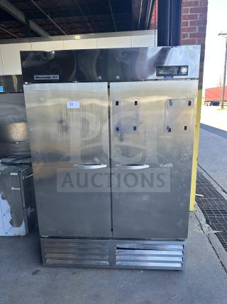 Beverage Air stainless steel commercial reach-in freezer, model KF48-1AS, 2 doors, electric powered, 115V, 1 phase.