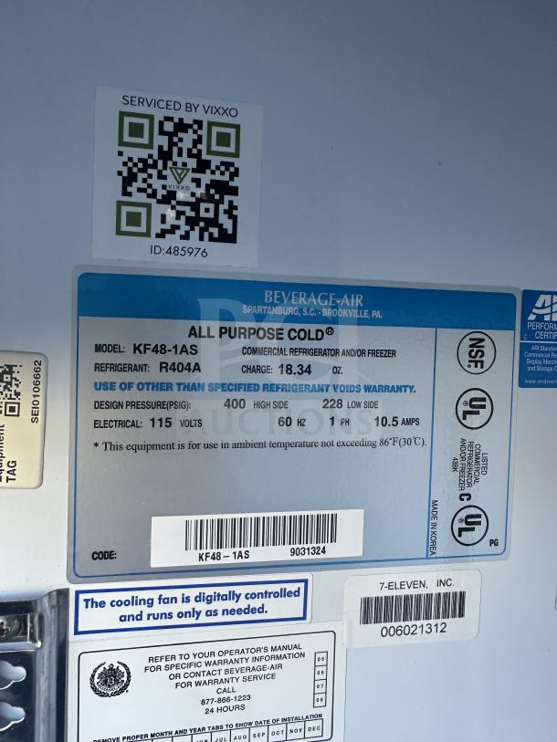 Beverage Air stainless steel commercial reach-in freezer, model KF48-1AS, 2 doors, 115V, 1 phase, serial number KF48-1AS9031324.