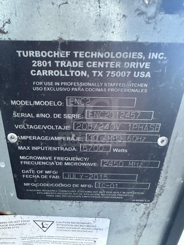 TurboChef ENC2 commercial countertop rapid cook oven with digital controls. Model: ENC2 SN: ENC2D12457, 208/240V, made July 2015.