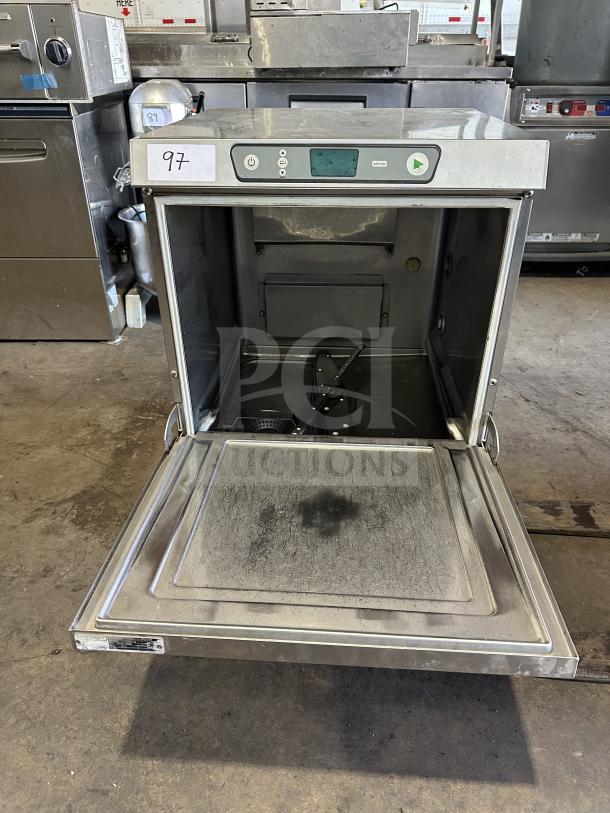 Hobart Advansys LXER commercial stainless steel undercounter dishwasher, open door view. Model LXER, SN: 231198716.