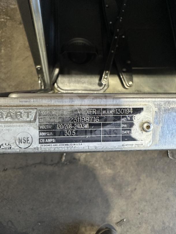 Hobart Advansys LXER stainless steel undercounter dishwasher, serial 231198716, 120/208-240V, NSF certified.