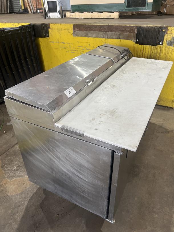 True Commercial Stainless Steel 2 Drawer Refrigerated Chef Base, Model 1RE-PT-HD, on casters with oversized worktop.