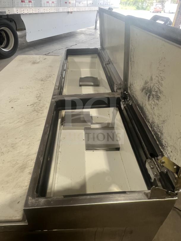 True commercial 2-drawer refrigerated chef base, Model 1RE-PT-HD, stainless steel with oversized worktop, on casters.