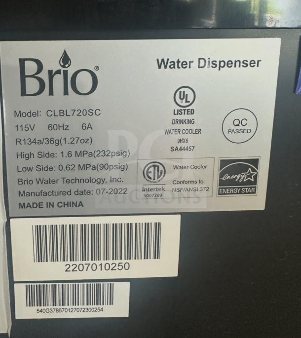 Brio Electric Water Dispenser, Model CLBL720SC, 115V, SN: 2207010250. UL listed, Energy Star certified, made in 07-2022.