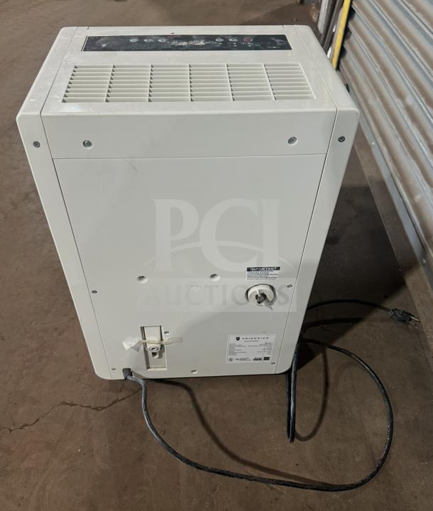 Friedrich D50BP dehumidifier on casters. Model: D50BP, SN: AFAD00983, 115V. Visible controls and condition details.