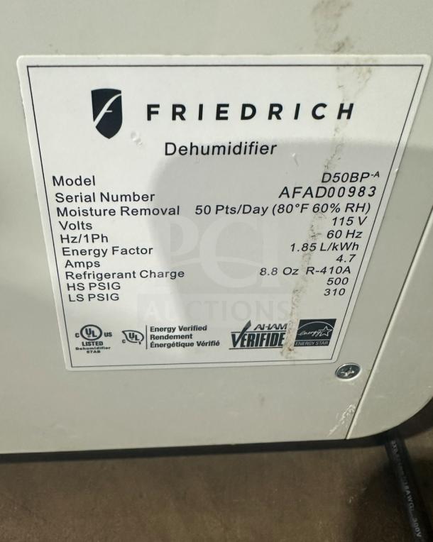Friedrich D50BP dehumidifier on casters, 115V, 50 pts/day moisture removal, SN: AFAD00983, Energy Star rated.