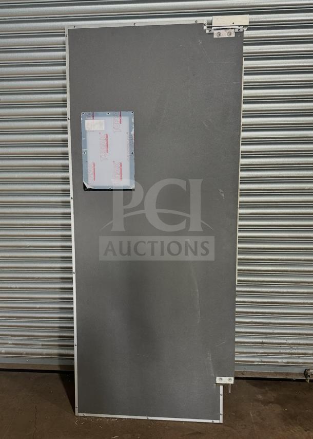 Impacdor refrigerator door, gray finish, serial number 830160, features Tufpak panel, industrial hinges; excellent condition.