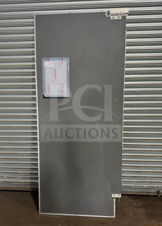 Impacdor refrigerator door, gray finish, serial number 830160, features Tufpak panel, industrial hinges; excellent condition.