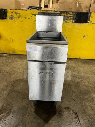 Asber stainless steel deep fat fryer, model AEF-4050-S-E-NG, with backsplash, natural gas powered, on casters, good condition.