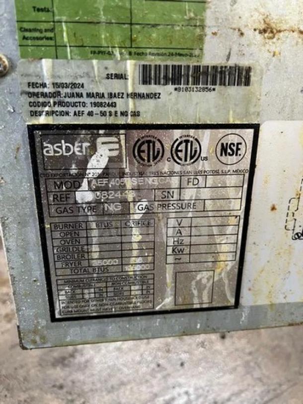 Asber AEF-4050-S-E-NG commercial fryer label, showing ETL and NSF certifications, natural gas type, and model details.