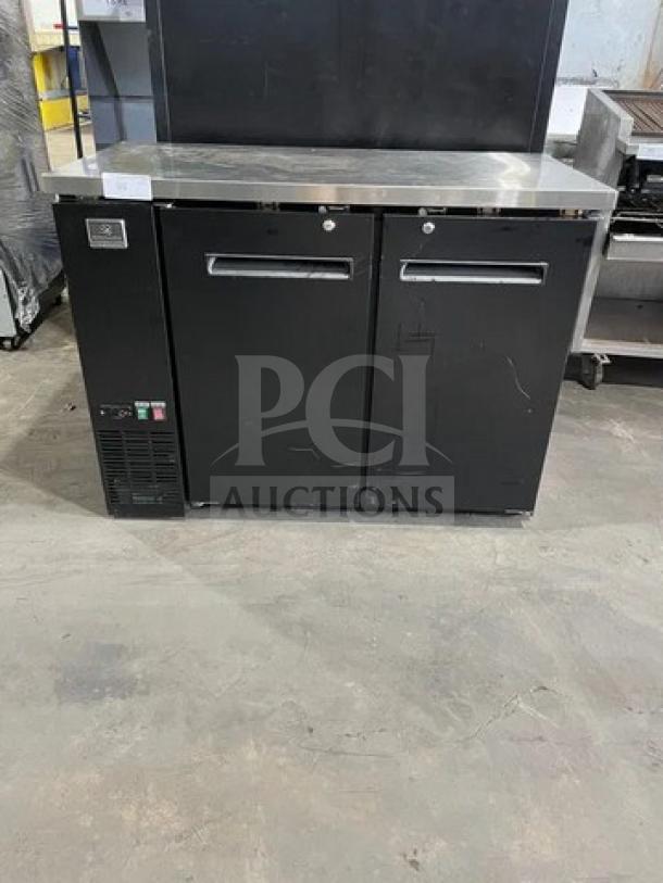 Kelvinator commercial black 2-door 48" back bar refrigerator, model KCBB48SBHC, with stainless steel worktop and poly-coated wire racks.