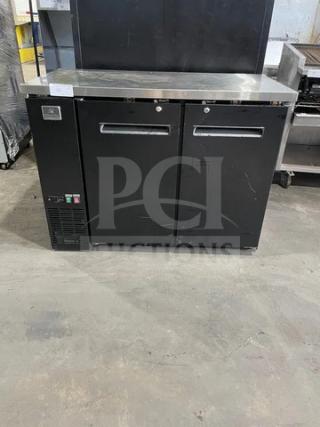 Kelvinator commercial black 2-door 48" back bar refrigerator, model KCBB48SBHC, with stainless steel worktop and poly-coated wire racks.
