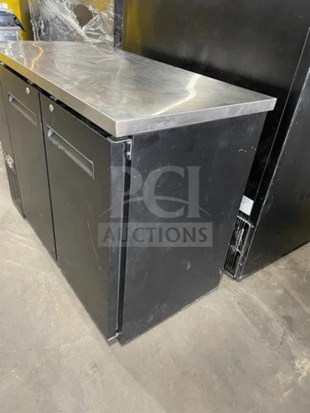 EXCELLENT CONDITION! Kelvinator KCBB48SBHC commercial black 2-door 48" back bar refrigerator with stainless steel worktop and poly-coated wire racks.