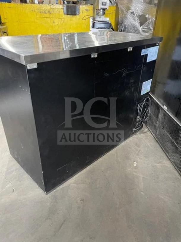 Kelvinator 48" commercial black 2-door back bar refrigerator, model KCBB48SBHC, with stainless steel worktop and poly-coated wire racks, excellent condition.