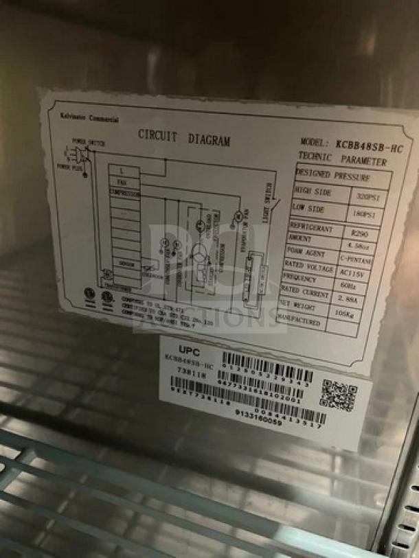 Kelvinator Commercial KCBB48SBHC refrigerator label showing circuit diagram and specifications.
