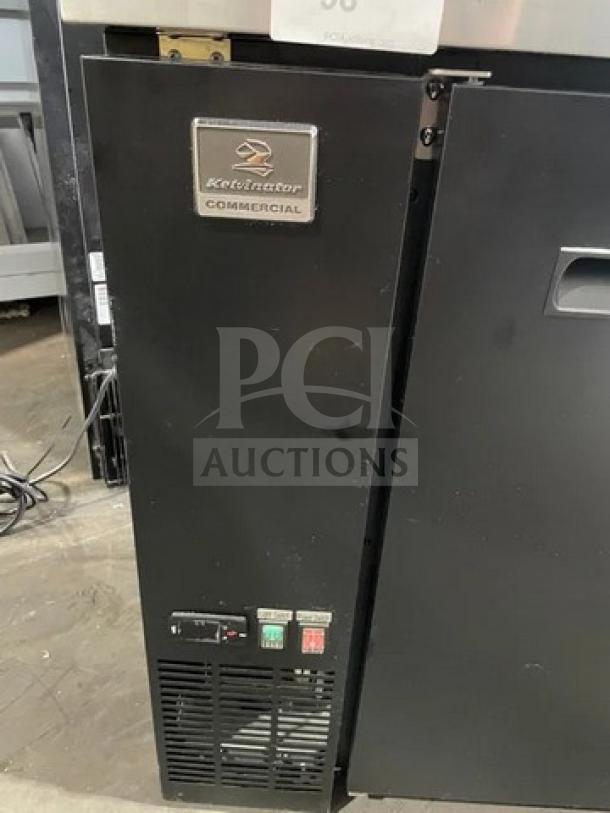 Kelvinator Commercial Black 2 Door 48" Back Bar Refrigerator, Model KCBB48SBHC, stainless steel worktop, poly coated wire racks.