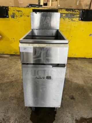 Asber commercial stainless steel natural gas fryer, model AEF40/50, with backsplash and casters. Excellent condition.
