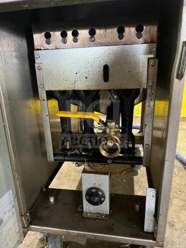 Asber AEF40/50 stainless steel natural gas fryer with backsplash, shown on casters. Model: AEF-4050-S-E-NG.
