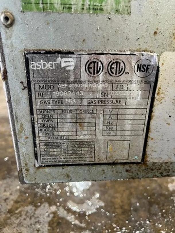 Asber AEF-4050-S-E-NG commercial deep fat fryer, natural gas, stainless steel, 40/50 lb capacity, with back splash, on casters, ETL and NSF certified.