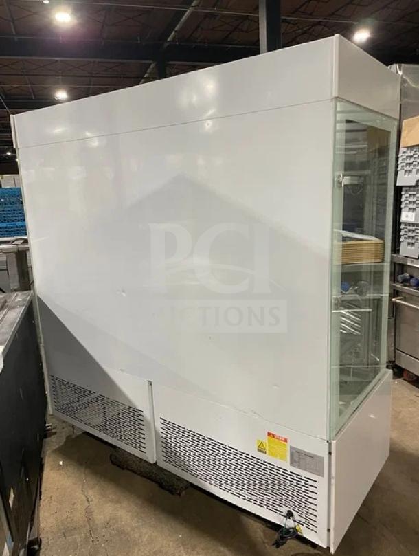 Commercial white multi-tier refrigerated bakery merchandiser display showcase with double glass sliding doors, Model ZSG-LLQ18, 220V.