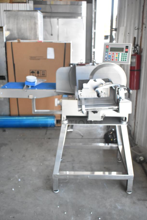 Jaccard Conveyor commercial meat slicer stacker, 115V, 1 phase, floor model. Features control panel and blue conveyor belt.