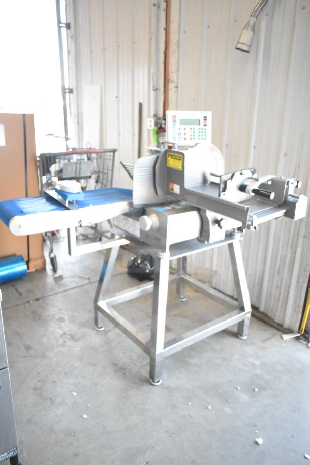 Jaccard Conveyor Commercial Meat Slicer Stacker, floor style, 115V, 1 phase, stainless steel, integrated conveyor, digital controls.