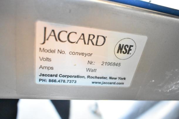 Jaccard Conveyor Meat Slicer Stacker, 115V, 1 Phase, model label showing serial number 2196845, NSF certified.