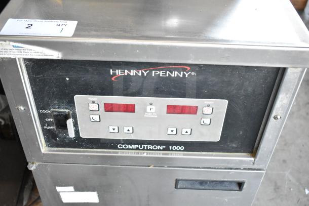 2025 Henny Penny 600 gas pressure fryer with digital controls, brand label, 80,000 BTU, on commercial casters.