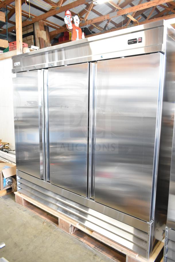 Brand new 2025 Avantco 178SS3RHC commercial 3-door reach-in cooler, stainless steel, 115V, 1 Phase, minor scratches.